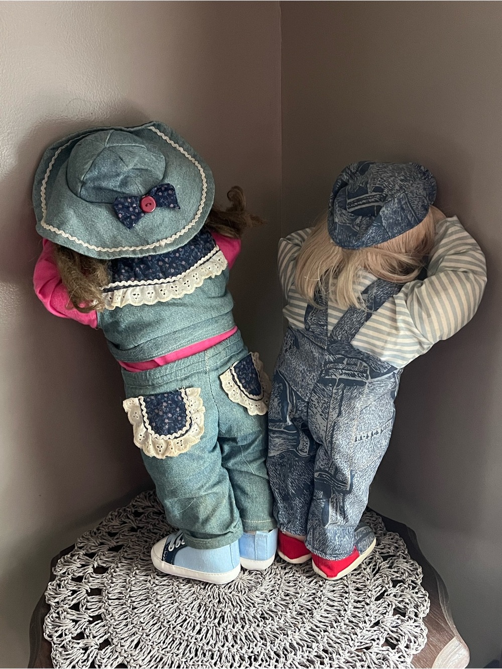 Vintage set of 2 handmade Peek-a-boo Time Out cry baby dolls cottage core granny